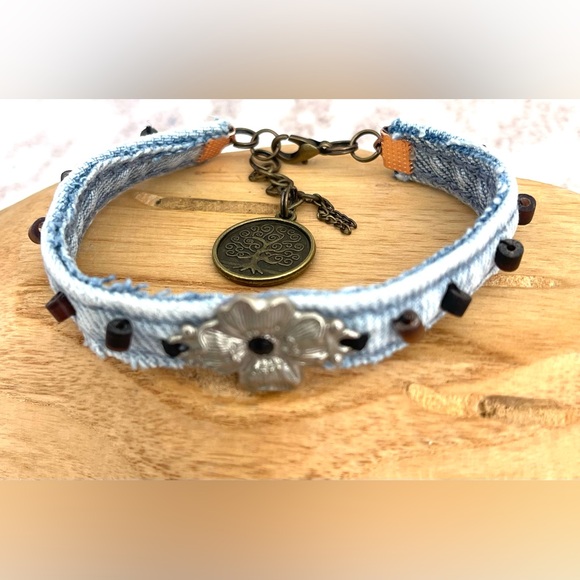 Denim Bracelet Upcycled with dangles charms, wooden stones, Silver findings - Picture 3 of 5